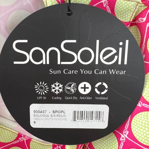 NWT SANSOLEIL Seeing Spots Pink Lime SolCool Short Sleeve Polo Golf Top Size S - Picture 10 of 10